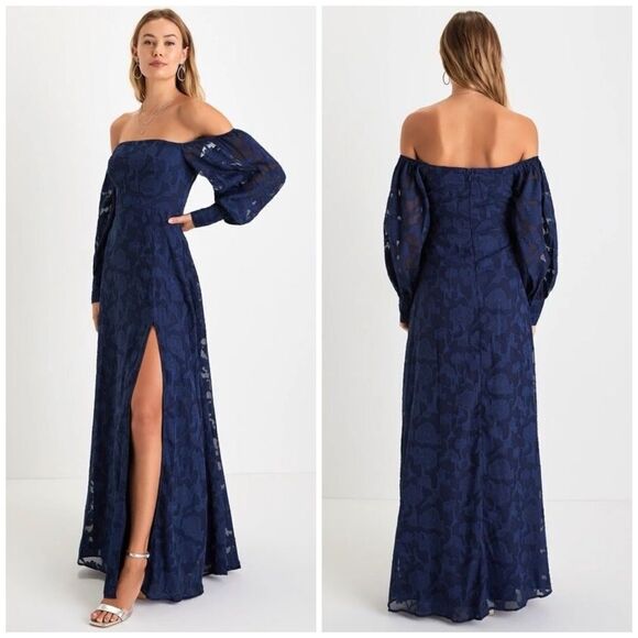 Lulus Radiantly Stunning Navy Blue Burnout Off-the-Shoulder Maxi Dress Size XS - Picture 16 of 16